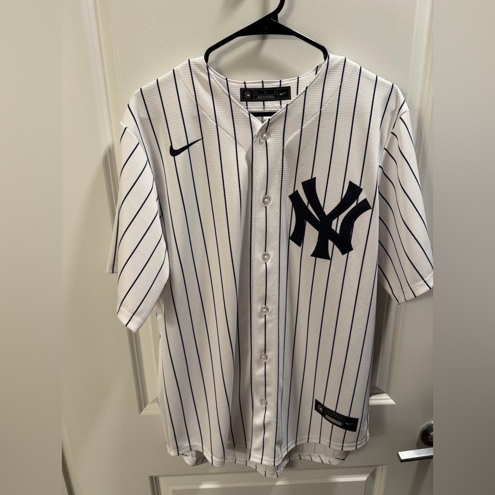 Aaron Judge x Nike White Pinstripe Baseball Jersey with Navy Stripes